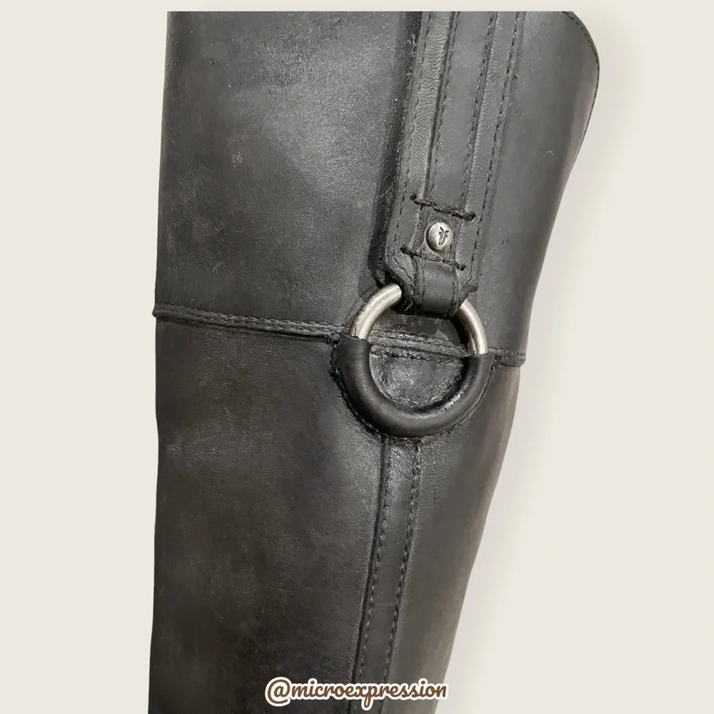 $389 Frye Jamie Ring Tall Distressed Stone Black Leather Knee High Zip Up Boot